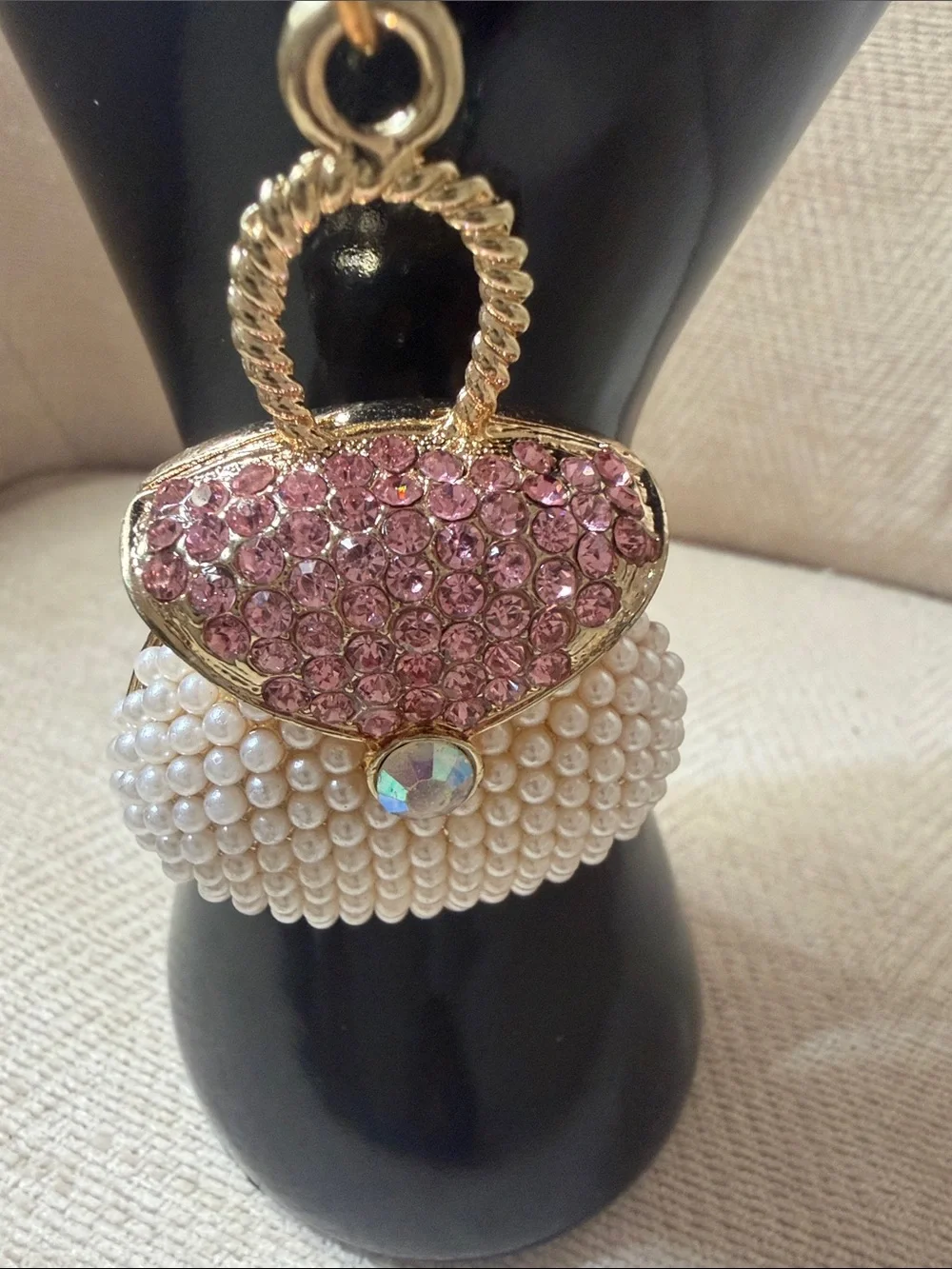 Gold Keychain Purse Charm with Pink Rhinestones and Pearls